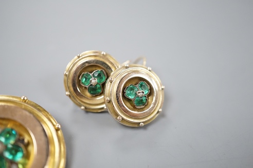 A suite of yellow metal, green paste and simulated seed pearl set jewellery, comprising a brooch, 30mm and pair of earrings, gross weight 10 grams.